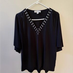 MICHAEL Michael Kors Black V-Neck Flutter Sleeve Blouse Top with Silver Accents